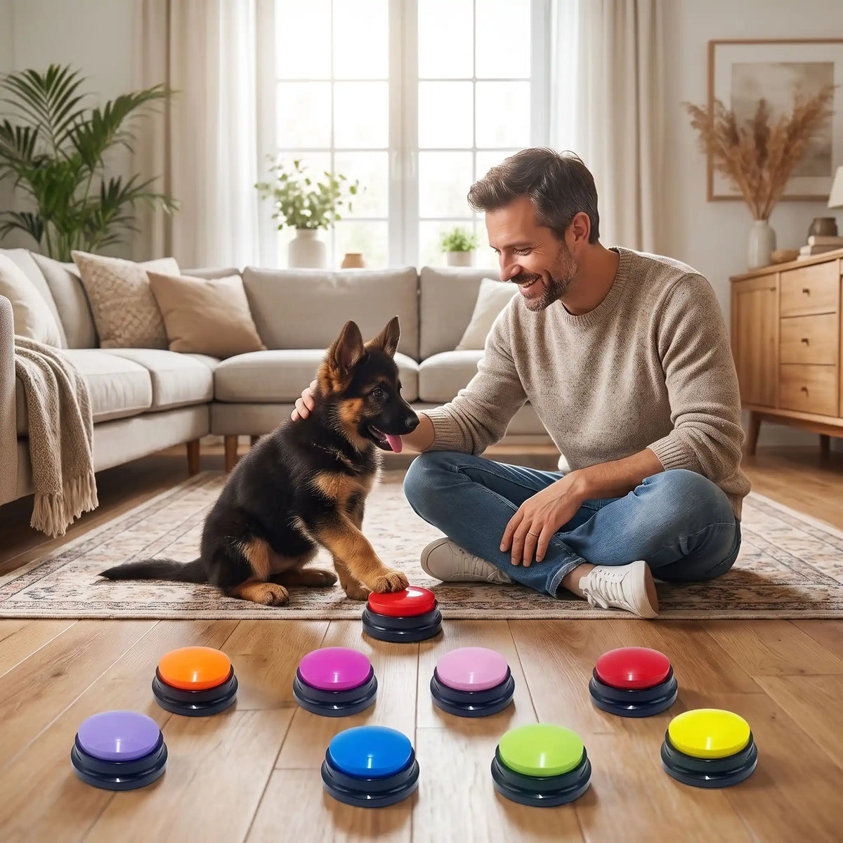 Boutons-communication-chien-chiot-buzzer enregistrables vendut par lot de 4, de 8 ou de 12 boutons de coloris différents avec socle solide et robuste, fonctionne avec 2 piles LR3 (AA) non fournies, enregistrable par le maitre à l'infini pour une éducation positive et un outil d'intelligence pour chiot et chien de toutes races ou taille-un chiot qui appuie sur le buzzer rouge parmi plusieurs boutons posés sur le sol du salon, sous les encouragements de son maitre heureux qui le caresse en retour 