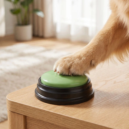 Boutons-communication-chien-chiot-buzzer enregistrables vendut par lot de 4, de 8 ou de 12 boutons de coloris différents avec socle solide et robuste, fonctionne avec 2 piles LR3 (AA) non fournies, enregistrable par le maitre à l'infini pour une éducation positive et un outil d'intelligence pour chiot et chien de toutes races ou taille-gros plan sur la patte d'un chien qui appuie sur le buzzer robuste avec socle antidérapant pour effectuer une demande en toute autonomie 