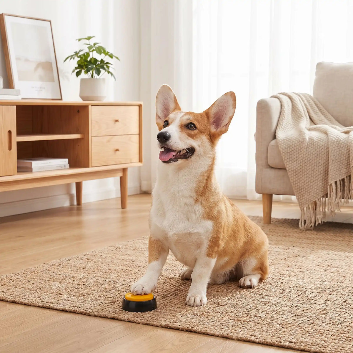 Boutons-communication-chien-chiot-buzzer enregistrables vendut par lot de 4, de 8 ou de 12 boutons de coloris différents avec socle solide et robuste, fonctionne avec 2 piles LR3 (AA) non fournies, enregistrable par le maitre à l'infini pour une éducation positive et un outil d'intelligence pour chiot et chien de toutes races ou taille-un chien adute qui appuie sur le buzzer orange tout content pour demander à ses maitres de sortir pour faire ses besoins