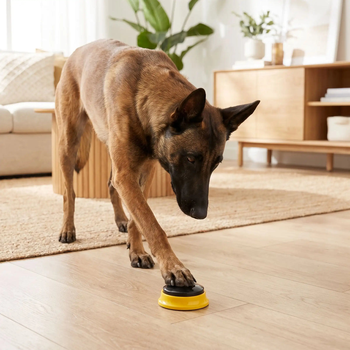 Boutons-communication-chien-chiot-buzzer enregistrables vendut par lot de 4, de 8 ou de 12 boutons de coloris différents avec socle solide et robuste, fonctionne avec 2 piles LR3 (AA) non fournies, enregistrable par le maitre à l'infini pour une éducation positive et un outil d'intelligence pour chiot et chien de toutes races ou taille-un chien de race intelligente qui appuie sur le buzzer posé au sol pour demander des câlins à son maitre