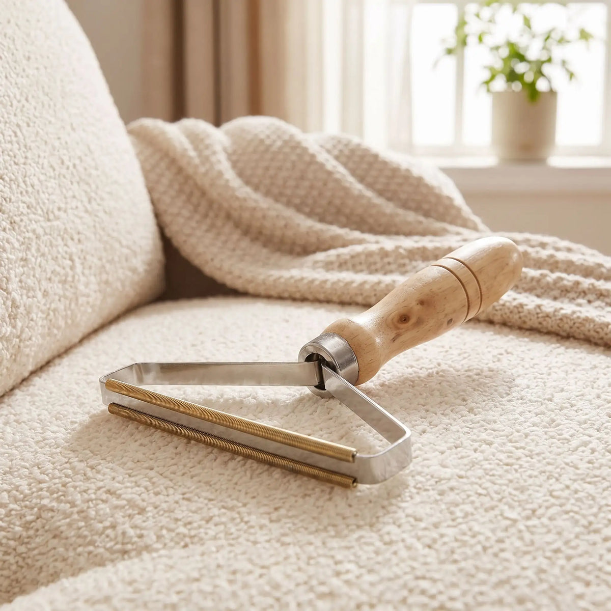 Brosse-anti-poils-chien-animaux, chat, mache en bambou, structure en acier robuste et fils de cuivre, efficace en un passage pour tous types de vêtements (sauf cachemire et laine), ameublement, tissu, canapé, siège de voitures, tapis, rideaux, moquette, canapé, etc.- gros plan sur la brosse anti poil efficace et robuste, réutilisable à l'infini, avec son manche en bois son triangle en acier et ses fils de cuivres qui attrapent tous les poils en un seul geste , compacte, légère  et transportable dans son sac