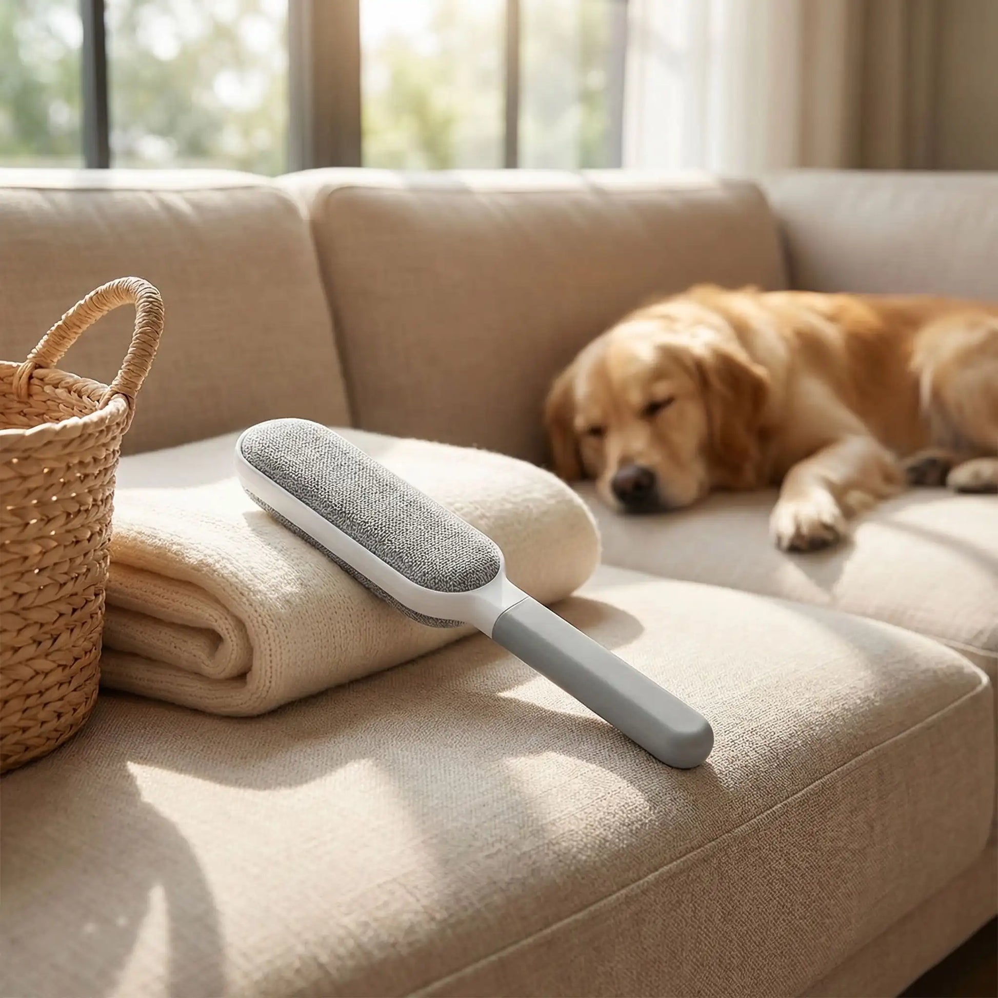 Brosse-anti-poils-chien-anti-statique-efficace-auto-nettoyante, réutilisable, écoresponsable pour tous les tissus, meubles, vêtements, couchage du chien-gros plan sur le modèle de la grande brosse anti poils d'animaux  avec manche idéal pour le texile de la maison