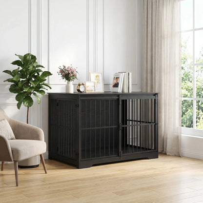 Cage-chien-interieur-meuble en bois noir et barreaux en acier de 2 portes, une porte avant coulissante gain de place, porte latérale sur le côté avec serrures sécurisé, robuste et design moderne idéal en meuble décoratif d'appoint et niche fermable pour chiot et chien de petite à moyenne race de 0 à 25 kg-gros plan sur le meuble cage interieur pour chiot et chien en bois massif noir et barreaux en acier inoxydable, avec ses 2 portes fermées (latérale et avant coulissante) dans le salon de l'appartement