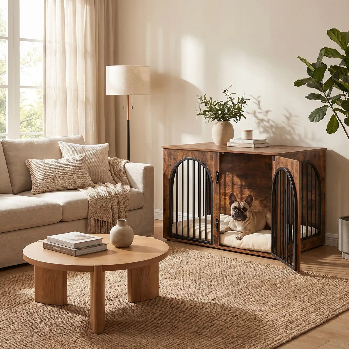 Cage-chien-interieur-chiot--petite-moyenne-race-bois vintage et barreaux en acier inoxydable cylindrique de 1 cm d'épaisseur robuste et anti-déformation, 3 portes d'accès, double porte avant etporte latérale, respirante et ouverte avec un fond en bois et ouverture par barreux espacé sur 180° degrés pour chiot et chien de 0 à 15 kilos-un chien de race moyenne couché confortablement sur son matelas dans son meuble niche en bois brut avec une de ses portes avant ouvertes dans le salon de la maison