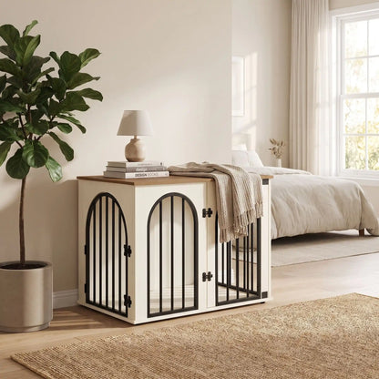 Cage-chien-intérieur chiot de petite à moyenne race , bois barreaux en acier blanc inoxydable cylindrique de 1 cm d'épaisseur robuste et anti-déformation, 3 portes d'accès, double porte avant et porte latérale, respirante et ouverte avec fond en bois et ouverture par barreaux sur 180° degrés pour chiot et chien de petite à moyenne taille - gros plan sur le meuble niche en bois blanc avec ses 3 portes verrouillées par leur double serrures en meuble décoratif dans la chambre de la maison