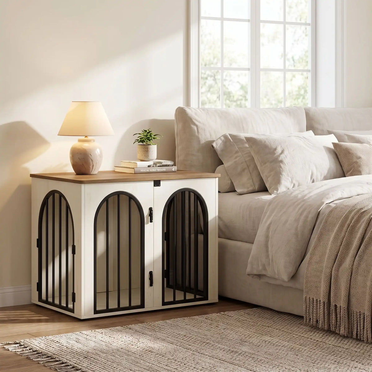 Cage-chien-intérieur chiot de petite à moyenne race , bois barreaux en acier blanc inoxydable cylindrique de 1 cm d'épaisseur robuste et anti-déformation, 3 portes d'accès, double porte avant et porte latérale, respirante et ouverte avec fond en bois et ouverture par barreaux sur 180° degrés pour chiot et chien de petite à moyenne taille - gros plan sur le meuble niche en bois blanc avec ses 3 portes verrouillées par leur double serrures en table de chevet dans la chambre de l'appartement