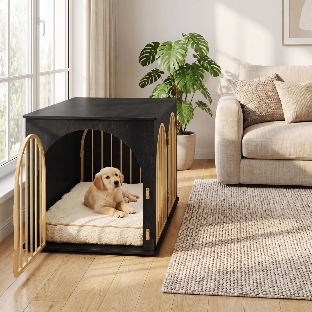 Cage chien et chiot de petite à moyenne race ,meuble intérieur en bois naturel noir et barreaux en acier inoxydable cylindrique de 1 cm d'épaisseur robuste et anti-déformation de couleur or , 3 portes d'accès, double porte avant et porte latérale, respirante avec fond en bois et ouverture par barreaux sur 180° degrés pour chiot et chien de 0 à 15 kilos-un chiot couché confortablement sur son lit dans le meuble niche en bois noir et barreaux dorés chic dans le salon de la maison
