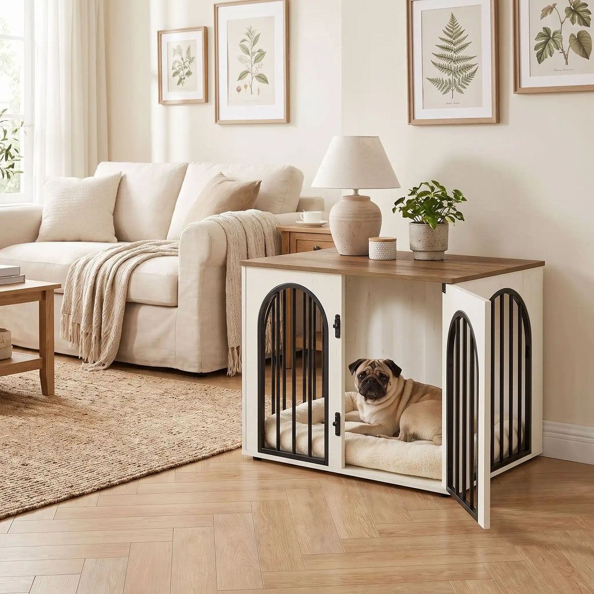 Cage-chien-intérieur chiot de petite à moyenne race , bois barreaux en acier blanc inoxydable cylindrique de 1 cm d'épaisseur robuste et anti-déformation, 3 portes d'accès, double porte avant et porte latérale, respirante et ouverte avec fond en bois et ouverture par barreaux sur 180° degrés pour chiot et chien de petite à moyenne taille - un chien de race moyenne couché confortablement sur son lit dans le meuble niche en bois blanc avec une porte ouverte en console décorative dans le salon de l'appartement