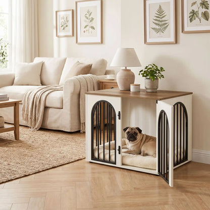 Cage-chien-intérieur chiot de petite à moyenne race , bois barreaux en acier blanc inoxydable cylindrique de 1 cm d'épaisseur robuste et anti-déformation, 3 portes d'accès, double porte avant et porte latérale, respirante et ouverte avec fond en bois et ouverture par barreaux sur 180° degrés pour chiot et chien de petite à moyenne taille - un chien de race moyenne couché confortablement sur son lit dans le meuble niche en bois blanc avec une porte ouverte en console décorative dans le salon de l'appartement