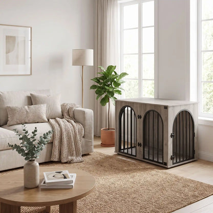 Cage-chien-intérieur chiot de petite à moyenne race , bois barreaux en acier blanc inoxydable cylindrique de 1 cm d'épaisseur robuste et anti-déformation, 3 portes d'accès, double porte avant et porte latérale, respirante et ouverte avec fond en bois et ouverture par barreaux sur 180° degrés pour chiot et chien de petite à moyenne taille - gros plan sur le meuble niche en bois gris avec ses 3 portes verrouillées par leur double serrures en meuble décoratif dans le salon de l'appartement