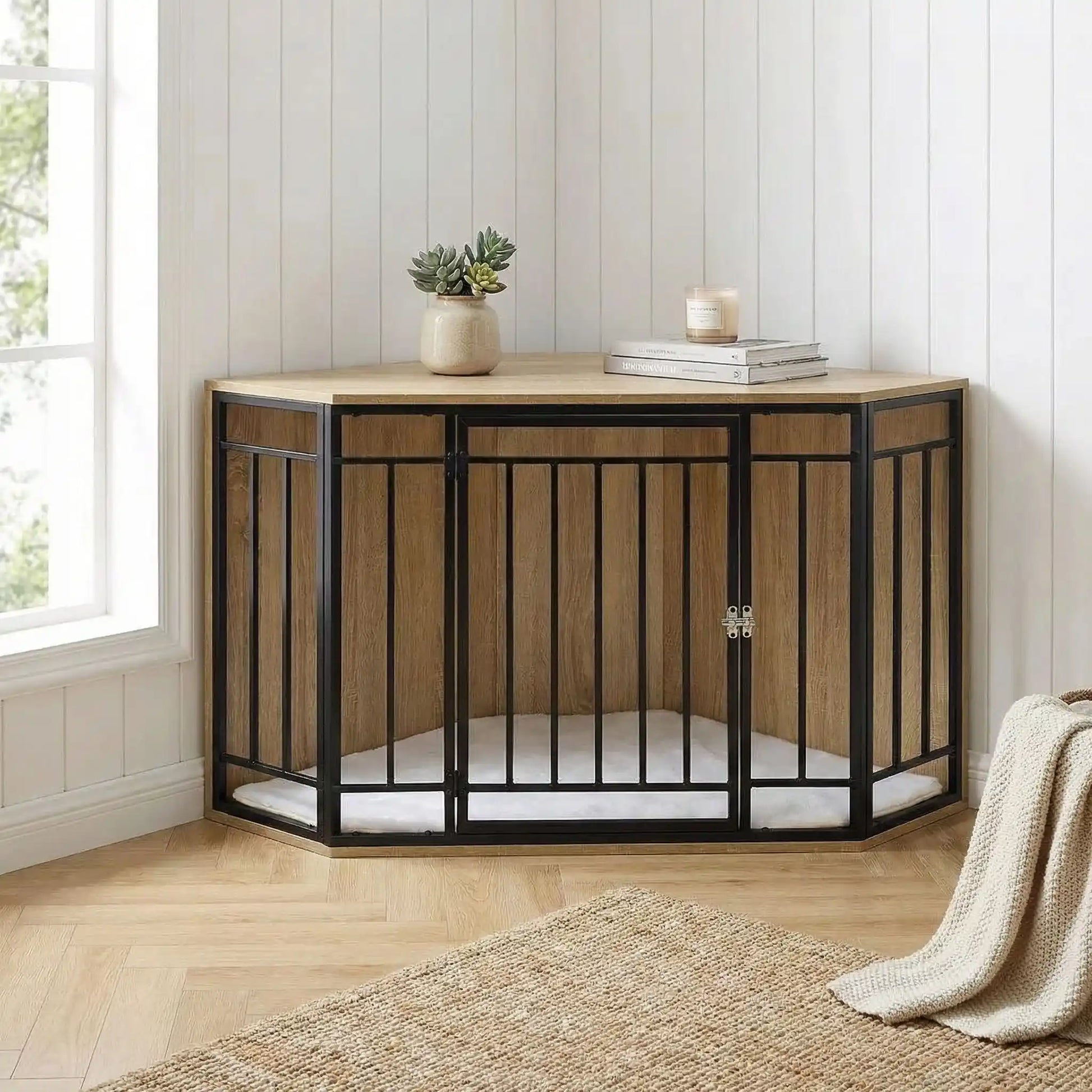 Cage-chien-interieur-chiot-meuble d'angle niche pour chiot et chien de petite à moyenne taille en bois et grilles avec porte verouillable en acier et son coussin intérieur ultra-doux en sherpa amovible et lavable en machine- bois couleur chêne clair avec son coussin