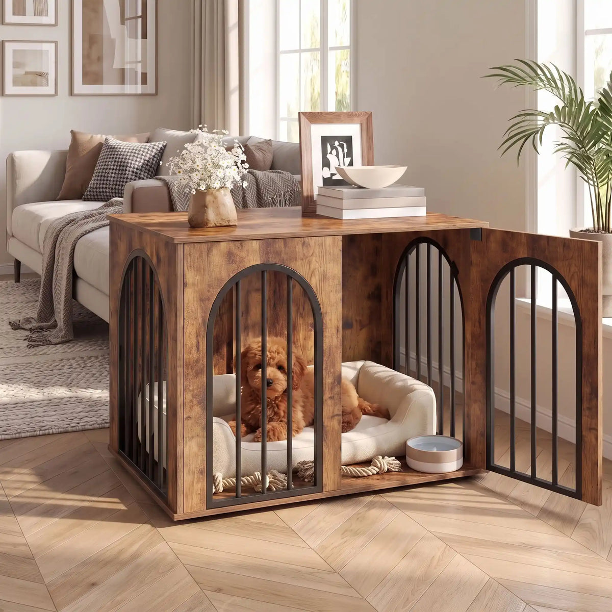 Cage-chien-intérieur chiot de petite à moyenne race , bois barreaux en acier blanc inoxydable cylindrique de 1 cm d'épaisseur robuste et anti-déformation, 3 portes d'accès, double porte avant et porte latérale, respirante et ouverte avec fond en bois et ouverture par barreaux sur 180° degrés pour chiot et chien de petite à moyenne taille - un chien de race moyenne couché confortablement sur son lit dans le meuble niche en bois vintage avec porte ouverte en meuble de sépartation dans le salon de la maison