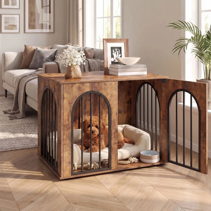 Cage-chien-intérieur chiot de petite à moyenne race , bois barreaux en acier blanc inoxydable cylindrique de 1 cm d'épaisseur robuste et anti-déformation, 3 portes d'accès, double porte avant et porte latérale, respirante et ouverte avec fond en bois et ouverture par barreaux sur 180° degrés pour chiot et chien de petite à moyenne taille - un chien de race moyenne couché confortablement sur son lit dans le meuble niche en bois vintage avec porte ouverte en meuble de sépartation dans le salon de la maison