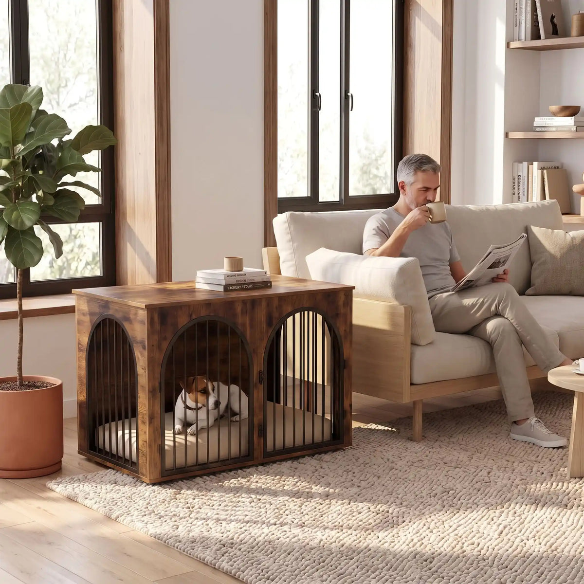 Cage-chien-interieur-chiot--petite-moyenne-race-bois vintage et barreaux en acier inoxydable cylindrique de 1 cm d'épaisseur robuste et anti-déformation, 3 portes d'accès, double porte avant etporte latérale, respirante et ouverte avec un fond en bois et ouverteure par barreux espacé sur 180° degrés pour chiot et chien de 0 à 15 kilos-un chien de petite race couché confortablement sur son matelas dans son meuble niche en bois brut ses 3 portes vérouillées en meuble d'appoint à côté du canapé du salon 