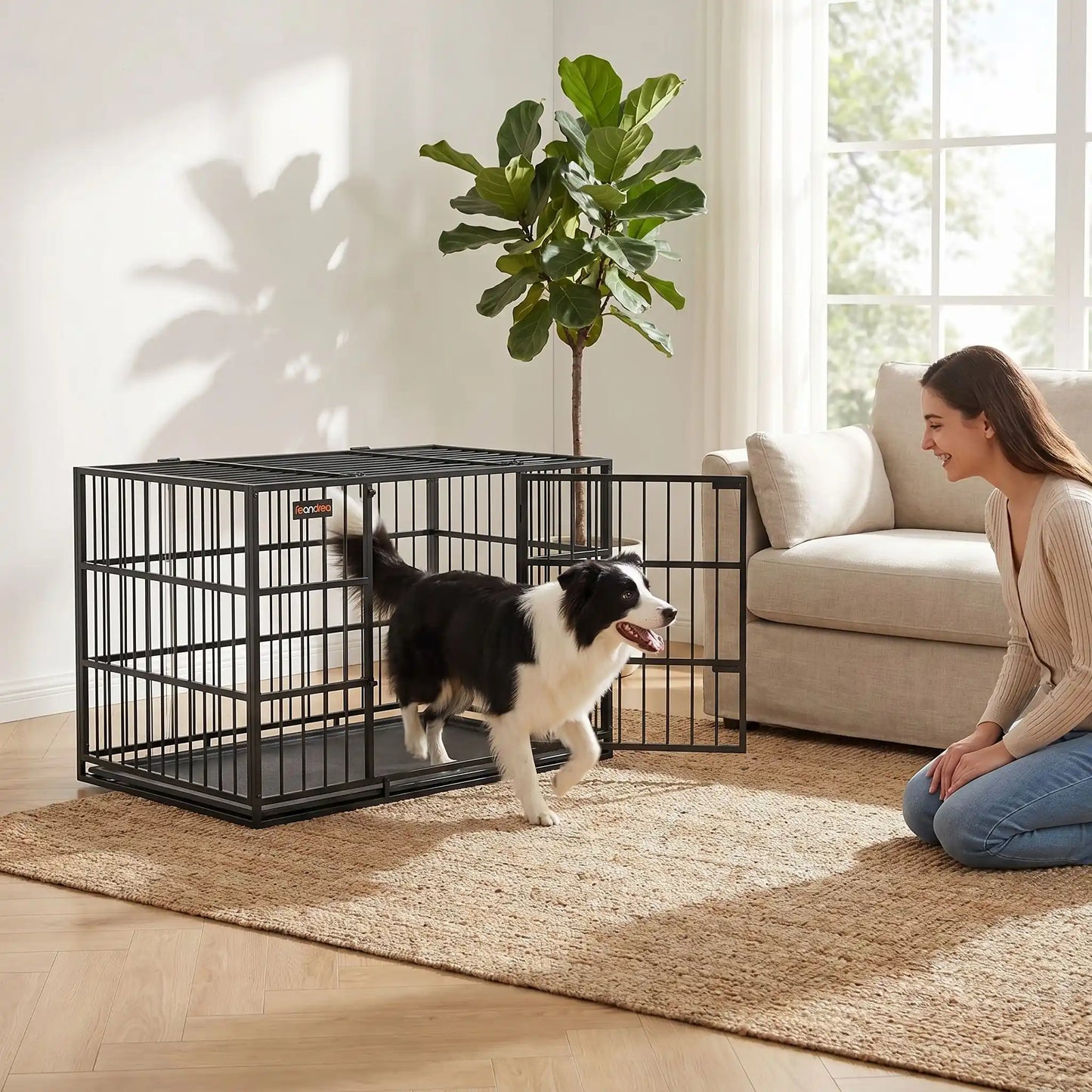 Cage-chien-interieur-chiot-xl en acier noir robuste avec 4 verrous, deux porte sur le toit et le devant pour le chien, plateau en fond amovible ramasse saleté pour un nettoyage facile et rapide gilles intérieur adapté aux chiens à pattes courtes, rectangulaire pour chiot et chien de moyenne à grande taille juqu'à 40 kg-un border collie qui sort de sa cage tout heureux pour rejoindre sa maitresse dans le salon de l'appartement 