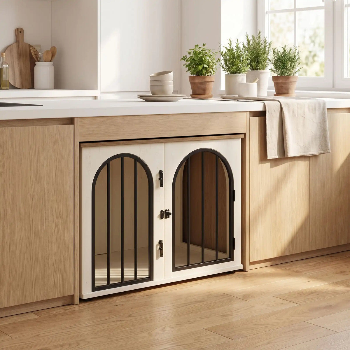 Cage-chien-intérieur chiot de petite à moyenne race , bois barreaux en acier blanc inoxydable cylindrique de 1 cm d'épaisseur robuste et anti-déformation, 3 portes d'accès, double porte avant et porte latérale, respirante et ouverte avec fond en bois et ouverture par barreaux sur 180° degrés pour chiot et chien de petite à moyenne taille - gros plan sur le meuble niche en bois blanc avec ses 3 portes verrouillées encastrée dans le mobilier de la cuisine de la maison
