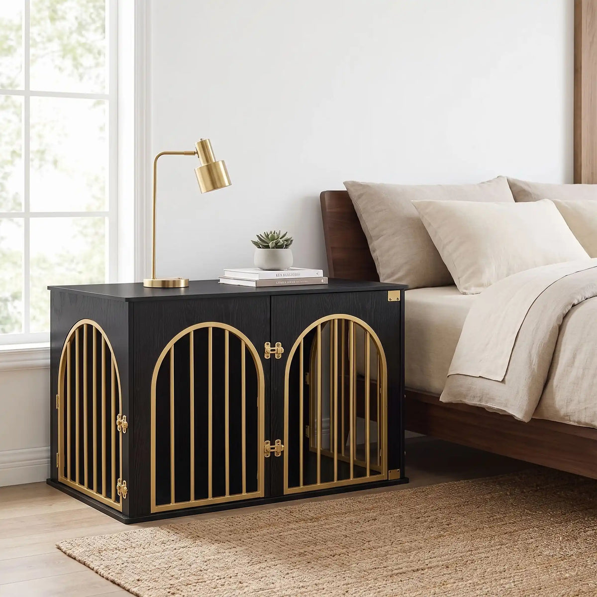Cage chien et chiot de petite à moyenne race ,meuble intérieur en bois naturel noir et barreaux en acier inoxydable cylindrique de 1 cm d'épaisseur robuste et anti-déformation de couleur or , 3 portes d'accès, double porte avant et porte latérale, respirante avec fond en bois et ouverture par barreaux sur 180° degrés pour chiot et chien de 0 à 15 kilos-gros plan sur le meuble niche en bois noir et barreaux dorés chic en table de chevet déco contre le lit de la chambre de l'appartement 
