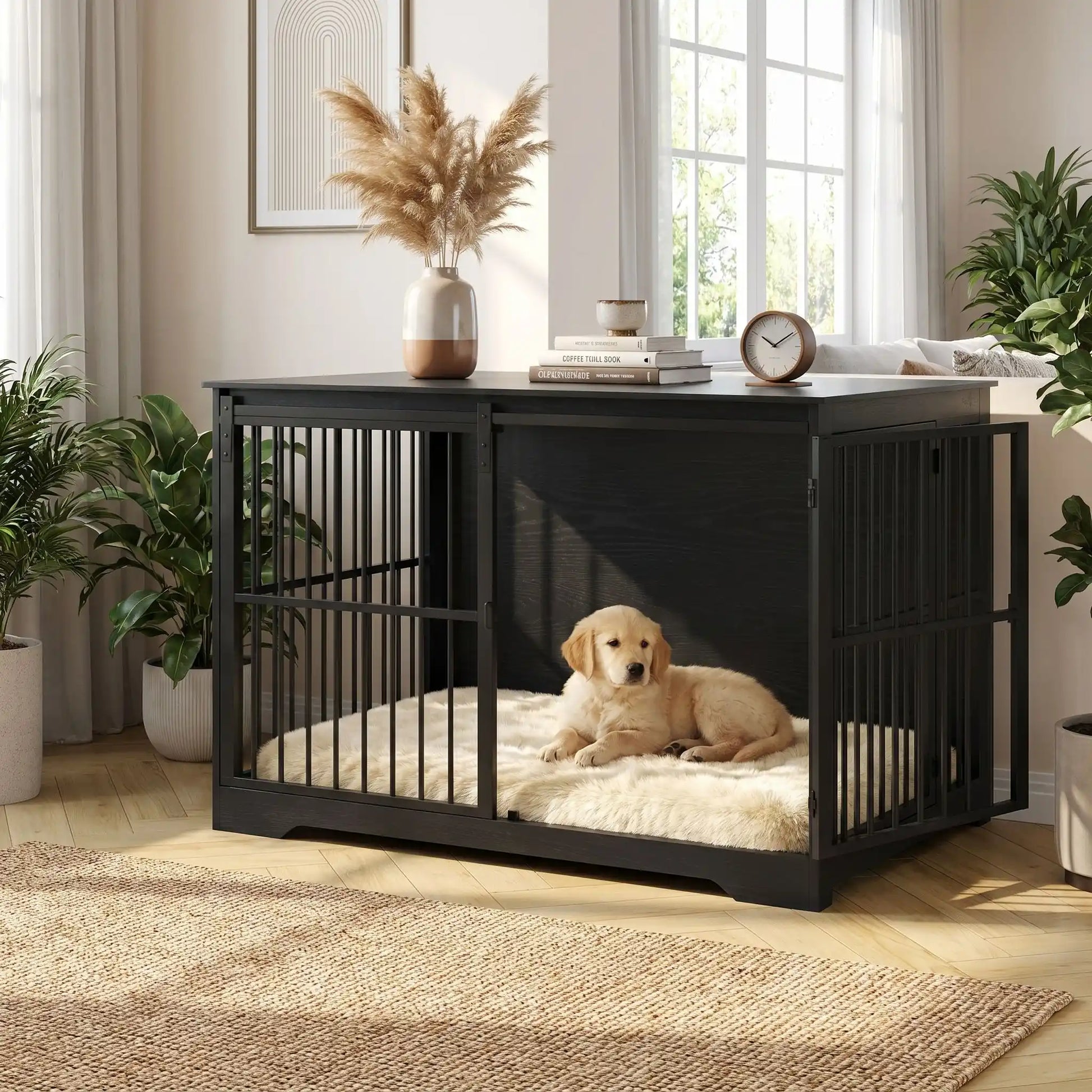 Cage-chien-interieur-meuble en bois noir et barreaux en acier de 2 portes, une porte avant coulissante gain de place, porte latérale sur le côté avec serrures sécurisé, robuste et design moderne idéal en meuble décoratif d'appoint et niche fermable pour chiot et chien de petite à moyenne race de 0 à 25 kg-un chiot de race moyenne taille qui dort paisiblement dans son panier dans la cage meuble interieur pour chien, porte avant coulissante ouverte avec décoration sur le dessus dans la chambre de la maison