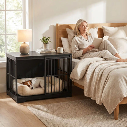 Cage-chien-interieur-meuble en bois noir et barreaux en acier de 2 portes, une porte avant coulissante gain de place, porte latérale sur le côté avec serrures sécurisé, robuste et design moderne idéal en meuble décoratif d'appoint et niche fermable pour chiot et chien de petite à moyenne race de 0 à 25 kg-un chien de petite taille qui dort dans son panier dans la cage meuble interieur pour chien, porte avant coulissante ouverte utilisé comme table de nuit à côté de sa maitresse qui lit dans son lit