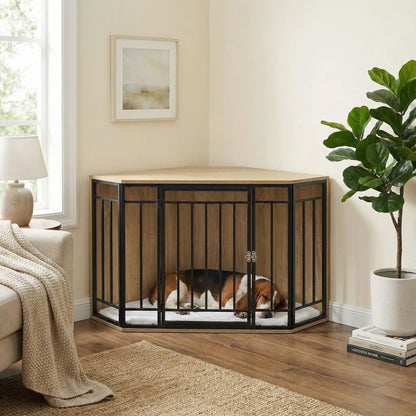 Cage-chien-interieur-chiot-meuble d'angle niche pour chiot et chien de petite à moyenne taille en bois et grilles avec porte verrouillable en acier et son coussin intérieur ultra-doux en sherpa amovible et lavable en machine- bois couleur chêne clair-un Basset Hound qui dort paisiblement dans la cage en bois design robuste avec verrou dans l'angle du mur du salon de la maison