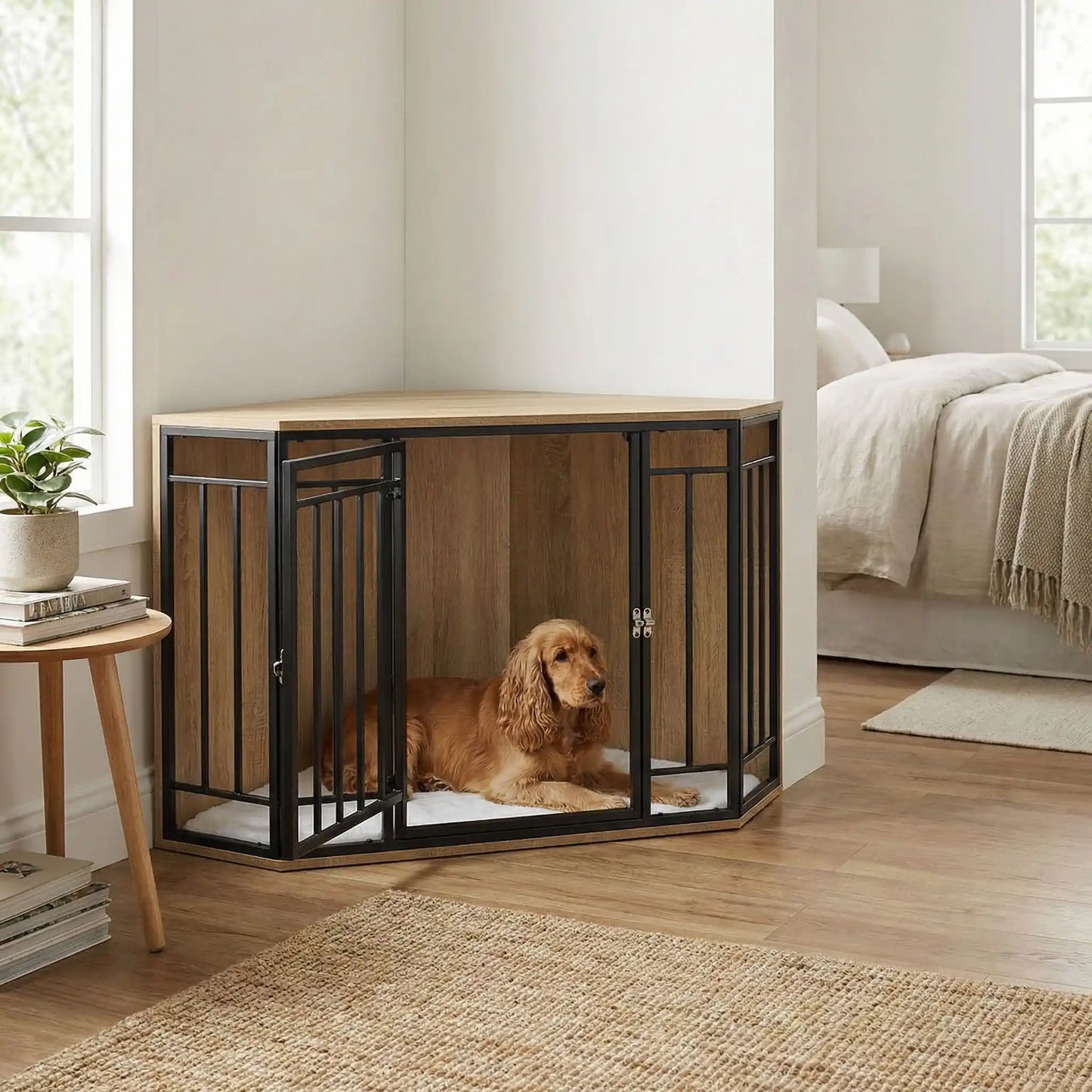 Cage-chien-interieur-chiot-meuble d'angle niche pour chiot et chien de petite à moyenne taille en bois et grilles avec porte verrouillable en acier et son coussin intérieur ultra-doux en sherpa amovible et lavable en machine- bois couleur chêne clair-un Cocker Spaniel couché confortablement dans la cage en bois design robuste avec verrou dans l'angle du mur de la chambre 