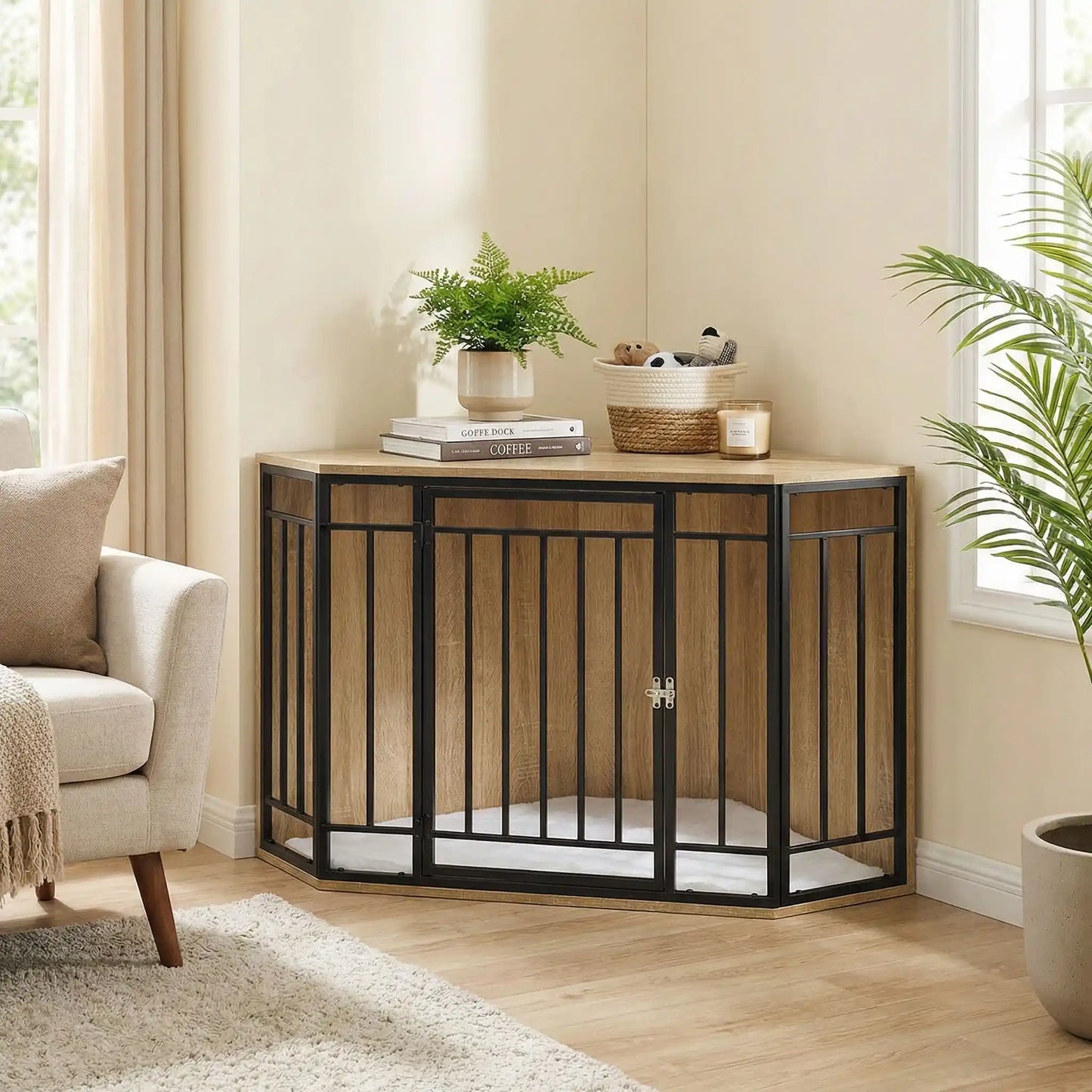 Cage-chien-interieur-chiot-meuble d'angle niche pour chiot et chien de petite à moyenne taille en bois et grilles avec porte verrouillable en acier et son coussin intérieur ultra-doux en sherpa amovible et lavable en machine- bois couleur chêne clair-design pour chien de 0 à 25 kilox et 60 cm max au garrot