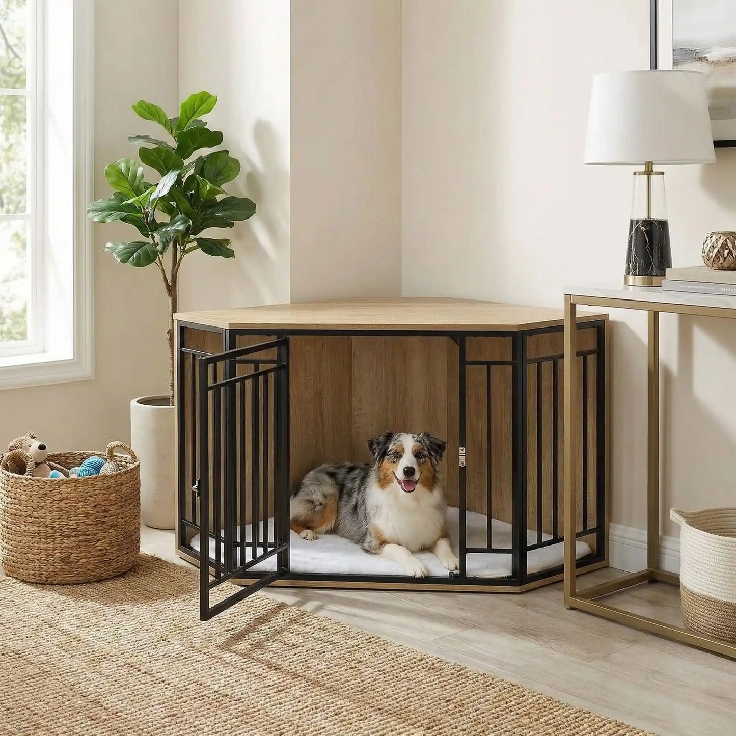 Cage-chien-interieur-chiot-meuble d'angle niche pour chiot et chien de petite à moyenne taille en bois et grilles avec porte verrouillable en acier et son coussin intérieur ultra-doux en sherpa amovible et lavable en machine- bois couleur chêne clair-un chien de moyenne taille couché confortablement dans la cage en bois design robuste avec verrou et porte ouverte dans l'angle du mur du salon de l'appartement
