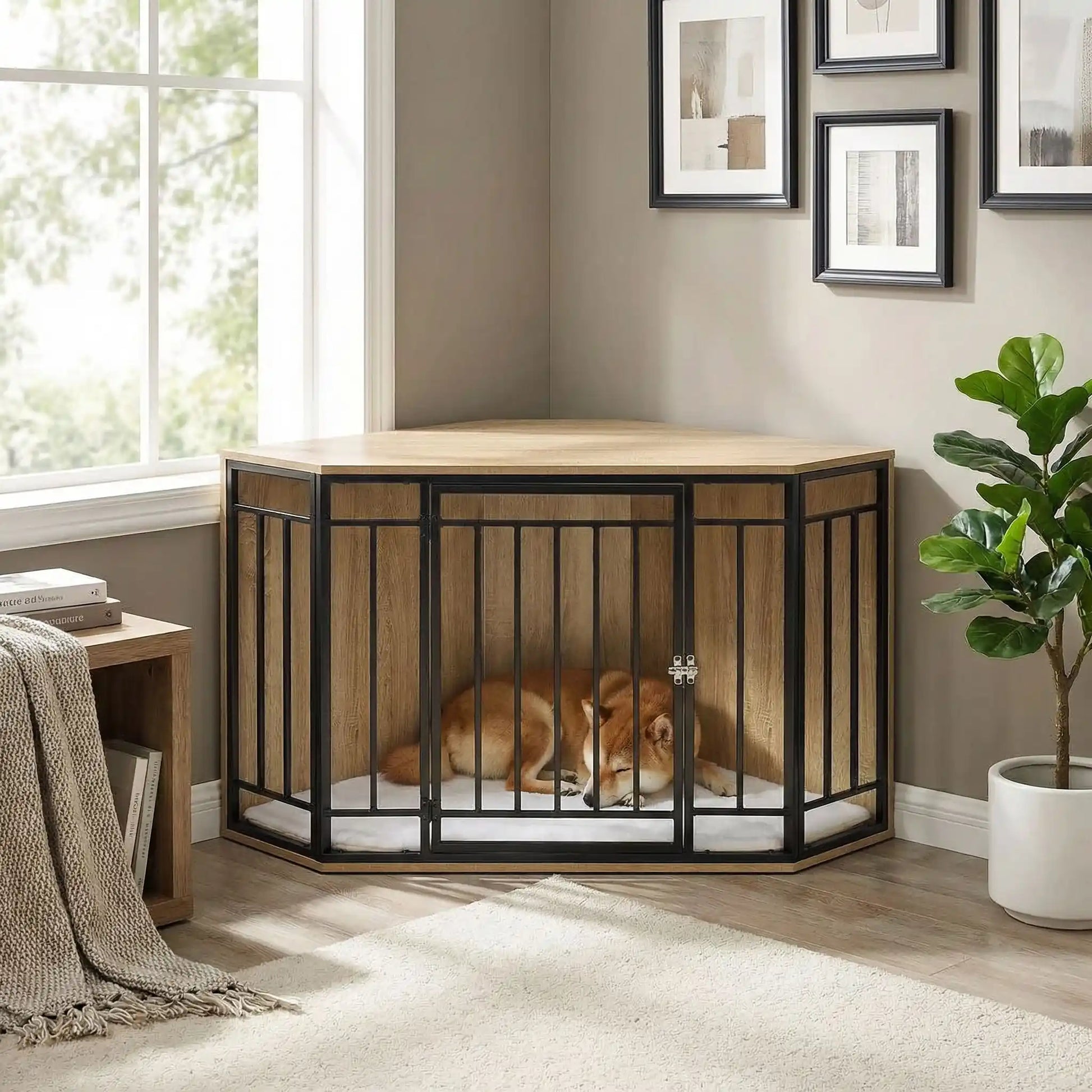 Cage-chien-interieur-chiot-meuble d'angle niche pour chiot et chien de petite à moyenne taille en bois et grilles avec porte verrouillable en acier et son coussin intérieur ultra-doux en sherpa amovible et lavable en machine- bois couleur chêne clair-un chien qui dort paisiblement dans la cage en bois design robuste avec verrou dans l'angle du mur du salon de la maison