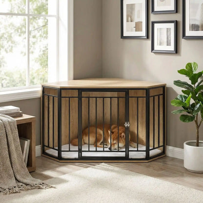 Cage-chien-interieur-chiot-meuble d'angle niche pour chiot et chien de petite à moyenne taille en bois et grilles avec porte verrouillable en acier et son coussin intérieur ultra-doux en sherpa amovible et lavable en machine- bois couleur chêne clair-un chien qui dort paisiblement dans la cage en bois design robuste avec verrou dans l'angle du mur du salon de la maison