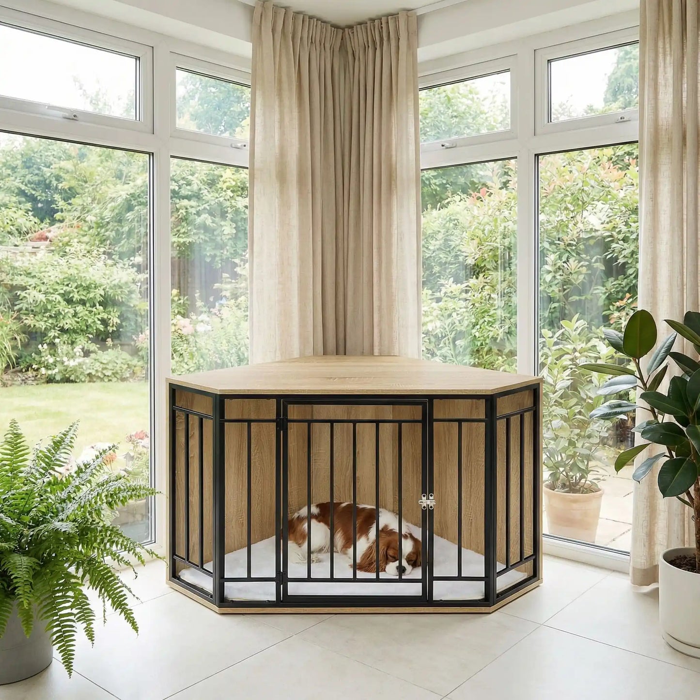 Cage-chien-interieur-chiot-meuble d'angle niche pour chiot et chien de petite à moyenne taille en bois et grilles avec porte verrouillable en acier et son coussin intérieur ultra-doux en sherpa amovible et lavable en machine- bois couleur chêne clair-un chien de race moyenne qui dort paisiblement dans la cage en bois design robuste avec verrou dans l'angle du mur de la véranda