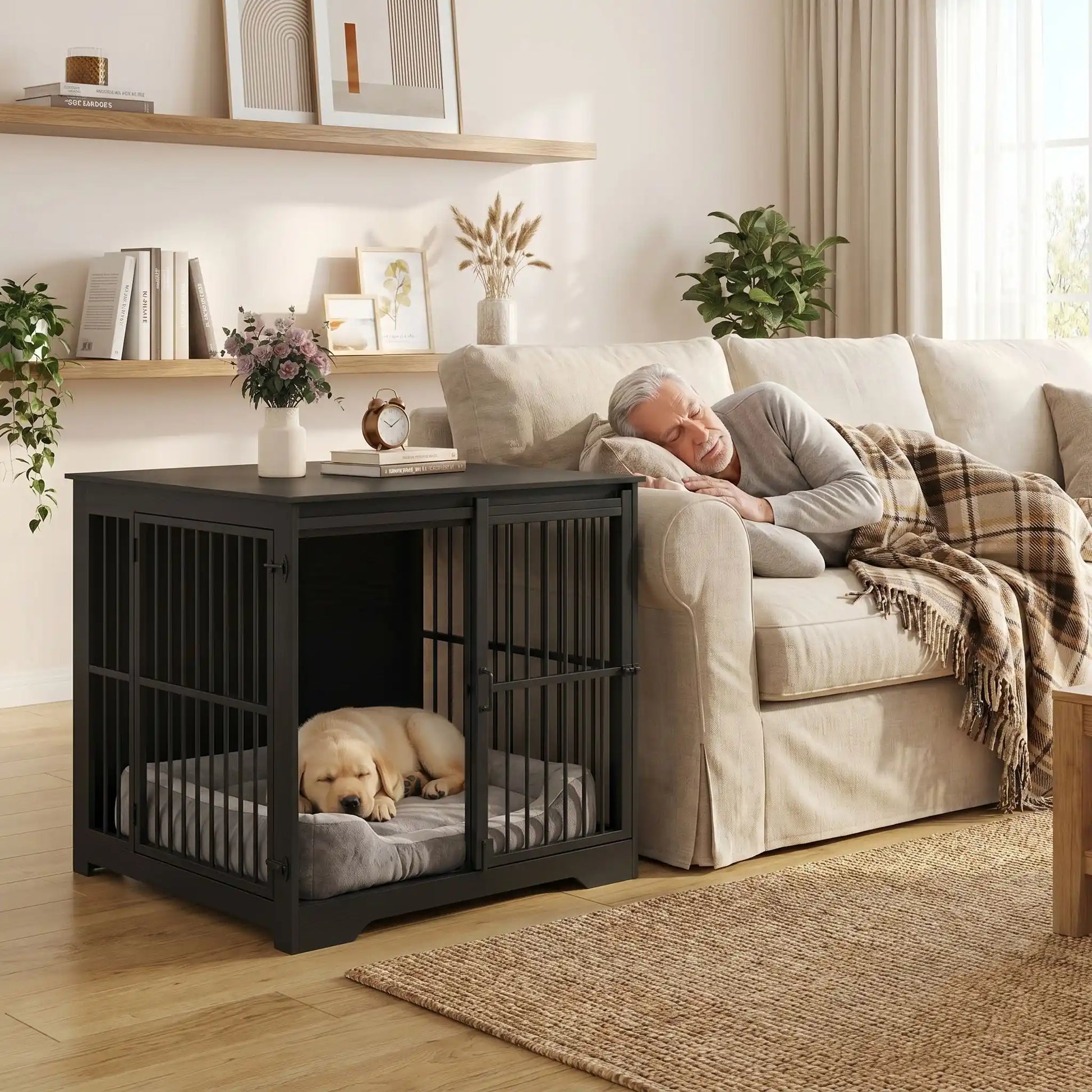 Cage-chien-interieur-meuble en bois noir et barreaux en acier de 2 portes, une porte avant coulissante gain de place, porte latérale sur le côté avec serrures sécurisé, robuste et design moderne idéal en meuble décoratif d'appoint et niche fermable pour chiot et chien de petite à moyenne race de 0 à 25 kg-un chiot de race moyenne qui dort paisiblement dans son panier douillet  dans la cage meuble interieur pour chien, porte avant coulissante ouverte à côté de son maitre qui fait la sieste sur son canapé 