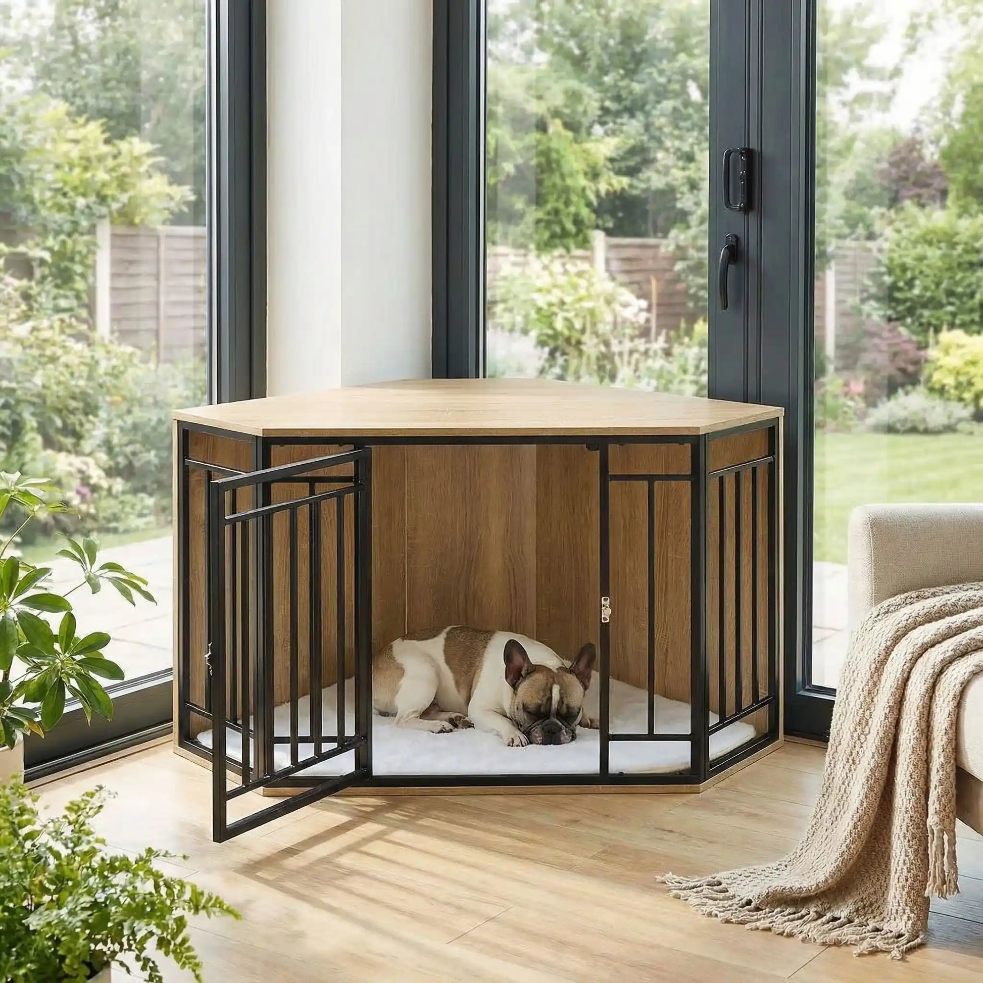 Cage-chien-interieur-chiot-meuble d'angle niche pour chiot et chien de petite à moyenne taille en bois et grilles avec porte verrouillable en acier et son coussin intérieur ultra-doux en sherpa amovible et lavable en machine- bois couleur chêne clair-un petit chien qui dort paisiblement dans la cage en bois design robuste avec verrou dans l'angle du mur dans la véranda dans la maison