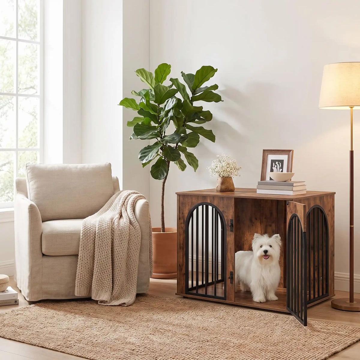 Cage-chien-intérieur chiot de petite à moyenne race , bois barreaux en acier blanc inoxydable cylindrique de 1 cm d'épaisseur robuste et anti-déformation, 3 portes d'accès, double porte avant et porte latérale, respirante et ouverte avec fond en bois et ouverture par barreaux sur 180° degrés pour chiot et chien de petite à moyenne taille - un chien de petite race niché confortablement dans le meuble niche en bois brut vintage avec une porte avant ouverte en  meuble décoratif dans le petit salon de la maison