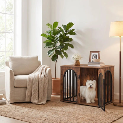 Cage-chien-intérieur chiot de petite à moyenne race , bois barreaux en acier blanc inoxydable cylindrique de 1 cm d'épaisseur robuste et anti-déformation, 3 portes d'accès, double porte avant et porte latérale, respirante et ouverte avec fond en bois et ouverture par barreaux sur 180° degrés pour chiot et chien de petite à moyenne taille - un chien de petite race niché confortablement dans le meuble niche en bois brut vintage avec une porte avant ouverte en  meuble décoratif dans le petit salon de la maison