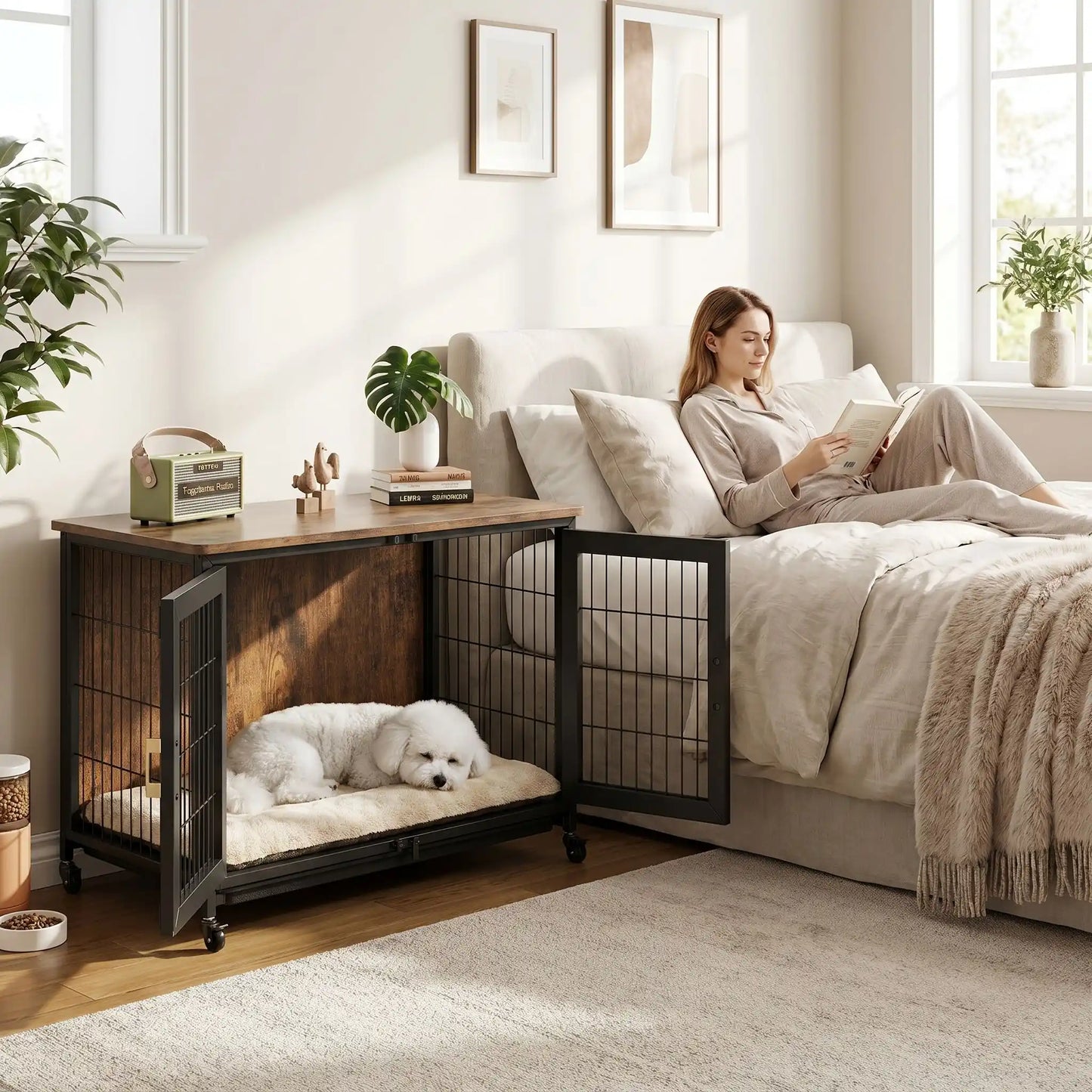 Cage-chien-interieur-avec-4-roues-mobiles rotative à 360° avec freins de sécurité, en bois et acier de couleur noir mat, meuble rectangulaire design moderne et épuré, double porte avant avec serrures robustes à point pour chien et chiot de petite à moyenne taille, de 0 à 30 kg maximum-un chien de petite race qui dort paisiblement sur son matelas dans le meuble cage interieur , la double porte ouverte à côté du lit de sa maitresse qui lit allongée et qui utilise la console de la cage comme table de chevet