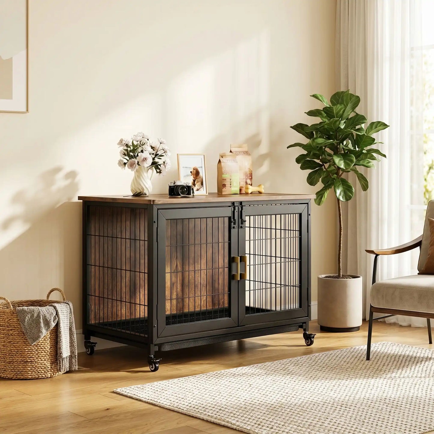 Cage-chien-interieur-avec-4-roues-mobiles rotative à 360° avec freins de sécurité, en bois et acier de couleur noir mat, meuble rectangulaire design moderne et épuré, double porte avant avec serrures robustes à point pour chien et chiot de petite à moyenne taille, de 0 à 30 kg maximum-gros plan sur le meuble cage design en bois foncé et cadre avec barreaux, portes en acier renforcé inoydable de couleur noir et ses 4 roues pour un déplacement facile avec freins de sécurité sur chaque roues dans la chambre 