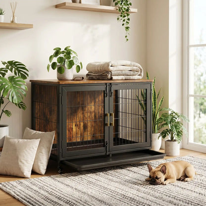 Cage-chien-interieur-avec-4-roues-mobiles rotative à 360° avec freins de sécurité, en bois et acier de couleur noir mat, meuble rectangulaire design moderne et épuré, double porte avant avec serrures robustes à point pour chien et chiot de petite à moyenne taille, de 0 à 30 kg maximum-gros plan sur le meuble cage design en bois foncé et cadre avec barreaux, portes en acier renforcé inoydable de couleur noir et ses 4 roues pour un déplacement facile et son plateau amovible et lavable anti salissure sorti 
