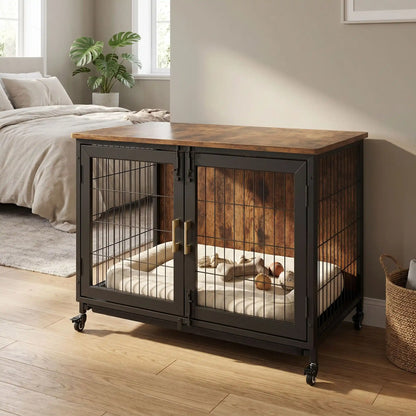 Cage-chien-interieur-avec-4-roues-mobiles rotative à 360° avec freins de sécurité, en bois et acier de couleur noir mat, meuble rectangulaire design moderne et épuré, double porte avant avec serrures robustes à point pour chien et chiot de petite à moyenne taille, de 0 à 30 kg maximum-gros plan sur le meuble cage design en bois foncé et cadre avec barreaux, portes en acier renforcé inoydable de couleur noir et ses 4 roues pour un déplacement facile avec freins sur chaque roues dans le salon de la maison
