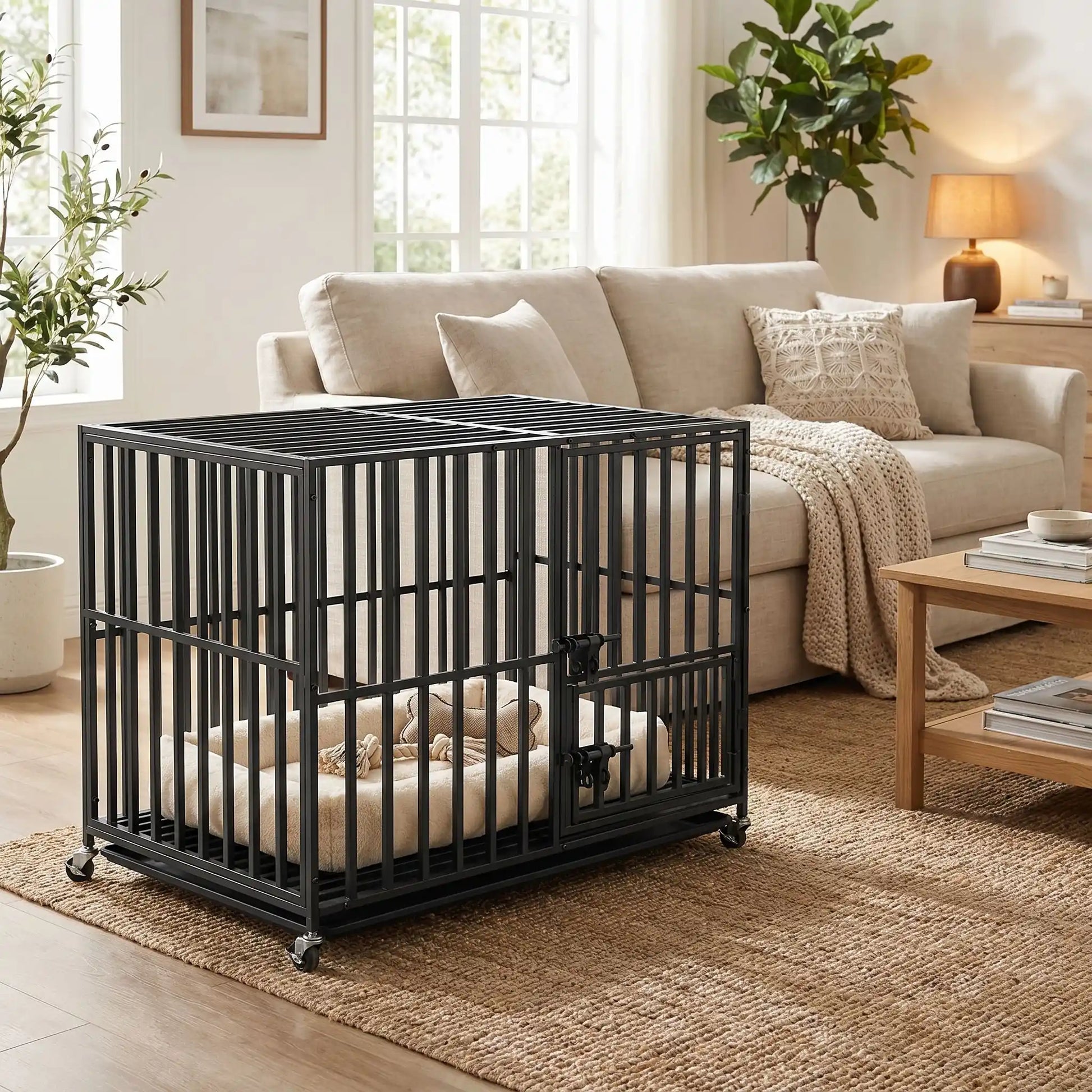 Cage-chien-interieur-indestructibl, solide, anti mastication et anti évasion, en acier carbone inoxydable, barreaux épais rectangulaire pour une solidité maximale, serrure renforcée, ouverture par porte avant et porte sur le toit, fond en renforcée par une barre au milieu et plateau anti-salissures amovible sur 4 roues rotatives 360° pour un déplacement facile, disponible en 3 tailles L, XL et XX pour chien jusqu'à 65 kg-gros plan sur la cage taille L pour chien jusqu'à 30 kg dans le salon de la maison