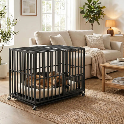 Cage-chien-interieur-indestructibl, solide, anti mastication et anti évasion, en acier carbone inoxydable, barreaux épais rectangulaire pour une solidité maximale, serrure renforcée, ouverture par porte avant et porte sur le toit, fond en renforcée par une barre au milieu et plateau anti-salissures amovible sur 4 roues rotatives 360° pour un déplacement facile, disponible en 3 tailles L, XL et XX pour chien jusqu'à 65 kg-un berger allemand qui dort dans son panier dans la cage XL dans le salon de la maison 