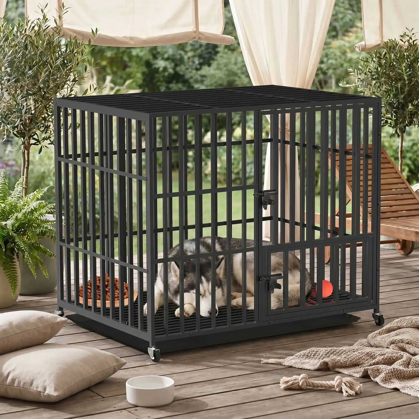 Cage-chien-interieur-indestructibl, solide, anti mastication et anti évasion, en acier carbone inoxydable, barreaux épais rectangulaire pour une solidité maximale, serrure renforcée, ouverture par porte avant et porte sur le toit, fond en renforcée par une barre au milieu et plateau anti-salissures amovible sur 4 roues rotatives 360° pour un déplacement facile, disponible en 3 tailles L, XL et XX pour chien jusqu'à 65 kg-un husky sibérien qui dort dans la cage XXL sur la terrasse du jardin de la maison