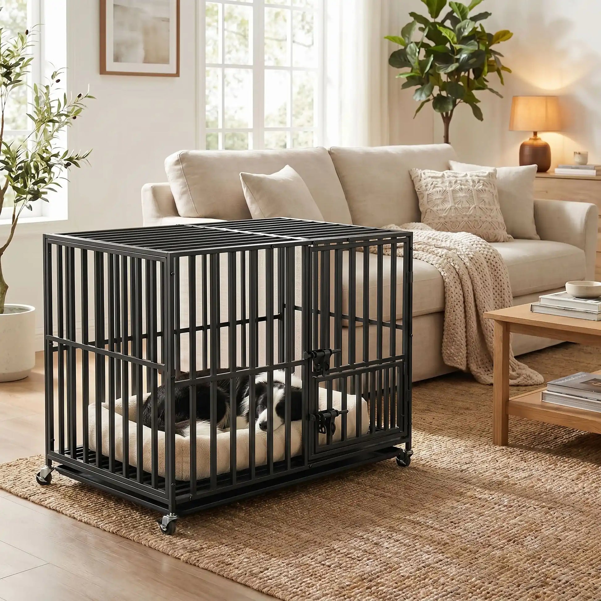Cage-chien-interieur-indestructibl, solide, anti mastication et anti évasion, en acier carbone inoxydable, barreaux épais rectangulaire pour une solidité maximale, serrure renforcée, ouverture par porte avant et porte sur le toit, fond en renforcée par une barre au milieu et plateau anti-salissures amovible sur 4 roues rotatives 360° pour un déplacement facile, disponible en 3 tailles L, XL et XX pour chien jusqu'à 65 kg-un border collie qui dort dans son panier dans la cage L dans le salon de l'appartement