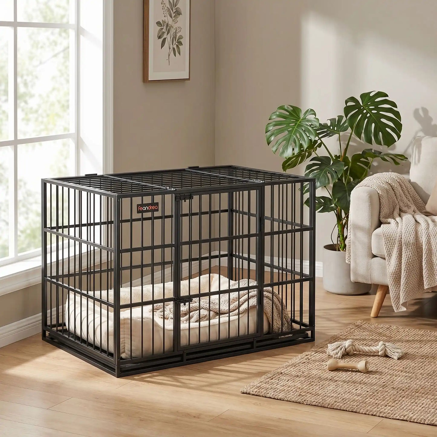 Cage-chien-interieur-chiot-xl en acier noir robuste avec 4 verrous, deux porte sur le toit et le devant pour le chien, plateau en fond amovible ramasse saleté pour un nettoyage facile et rapide gilles intérieur adapté aux chiens à pattes courtes, rectangulaire pour chiot et chien de moyenne à grande taille juqu'à 40 kg-gros plan sur la cage sécurisée en acier et metal solide pour chiot et chien  dans le salon de l'appartement