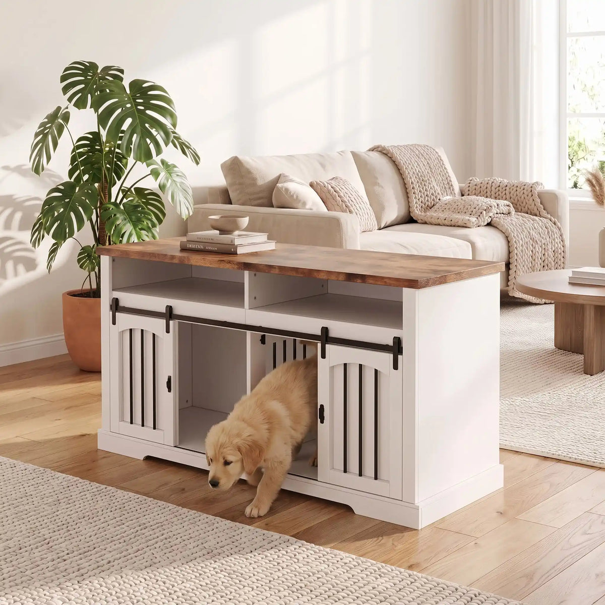 Cage-d-intérieur-pour-chien-chiot-en bois blanc et naturel double-2-portes-coulissantes avec son séparateur grille amovible et ses deux portes coulissantes silencieuse avec barreaux en acier robuste avec son plateau en bois couleur naturel avec son étagère intégrée de rangement d'une longueur de 153 cm pour chiot et chien de petite à moyenne taille-un chiot qui sort facilement du meuble cage avec sa grille de séparation installée pour deux niches séparées, ses 2 portes coulissantes ouvertes dans le salon 