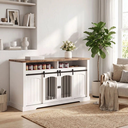 Cage-d-intérieur-pour-chien-chiot-en bois blanc et naturel double-2-portes-coulissantes avec son séparateur grille amovible et ses deux portes coulissantes silencieuse avec barreaux en acier robuste avec son plateau en bois couleur naturel avec son étagère intégrée de rangement d'une longueur de 153 cm pour chiot et chien de petite à moyenne taille-gros plan sur le meuble cage avec sa grille de séparation installée pour deux niches séparées et ses 2 portes coulissantes fermées dans le salon de la maison