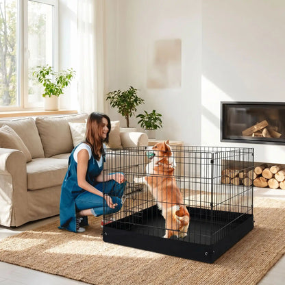 Cage-pour-chien-chiot- de petite à moyenne race, pliable à barreaux en acier carbone solide et toit et fond amovible en tissu oxford 100% imperméable et lavable, utilisation en intérieur et extérieur, légère et transportable pour chiot et chien de 0 à 15 kilos-un chien de taulle moyenne debout, les deux pattes avant sur les barreaux de la cage solide avec le fond en tissu résistant sans le toit, en version parc pour faire la fête à son maitre dans le salon de la maison