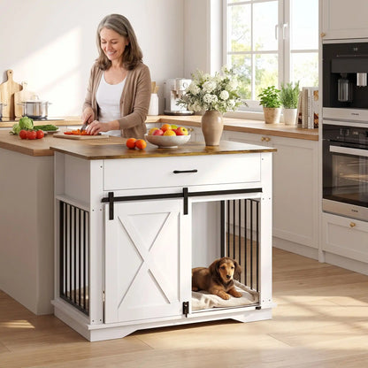 Cage-pour-chien-chiot-maison-meuble-bois-acier noir robuste, avec sa porte avant coulissante design grange avec serrure en acier, meuble  en bois naturel sur le plateau et en bois blanc robuste et décoratif adaptée au chiot et chien de petite à moyenne taille, meuble niche décoratif d'appoint- un chiot de race moyenne couché confortablement dans le meuble cage pour avec sa porte design coulissante ouverte et acier noir inoxydable en meuble d'appoint contre l'ilôt de la cuisine de l'appartement