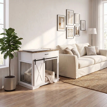 Cage-pour-chien-chiot-maison-meuble-bois-acier noir robuste, avec sa porte avant coulissante design grange avec serrure en acier, meuble  en bois naturel sur le plateau et en bois blanc robuste et décoratif adaptée au chiot et chien de petite à moyenne taille, meuble niche décoratif d'appoint-gros plan sur le meuble cage pour chien et chiot en bois blanc et bois naturel avec sa porte design coulissante et acier noir inoxydable en meuble d'appoint à côté du canapé du salon de la maison