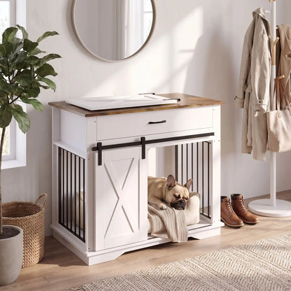 Cage-pour-chien-chiot-maison-meuble-bois-acier noir robuste, avec sa porte avant coulissante design grange avec serrure en acier, meuble  en bois naturel sur le plateau et en bois blanc robuste et décoratif adaptée au chiot et chien de petite à moyenne taille, meuble niche décoratif d'appoint-un chien de race moyenne qui dort paisiblement dans son panier dans le meuble cage avec sa porte design coulissante ouverte en console décorative dans le salon entrée de l'appartement