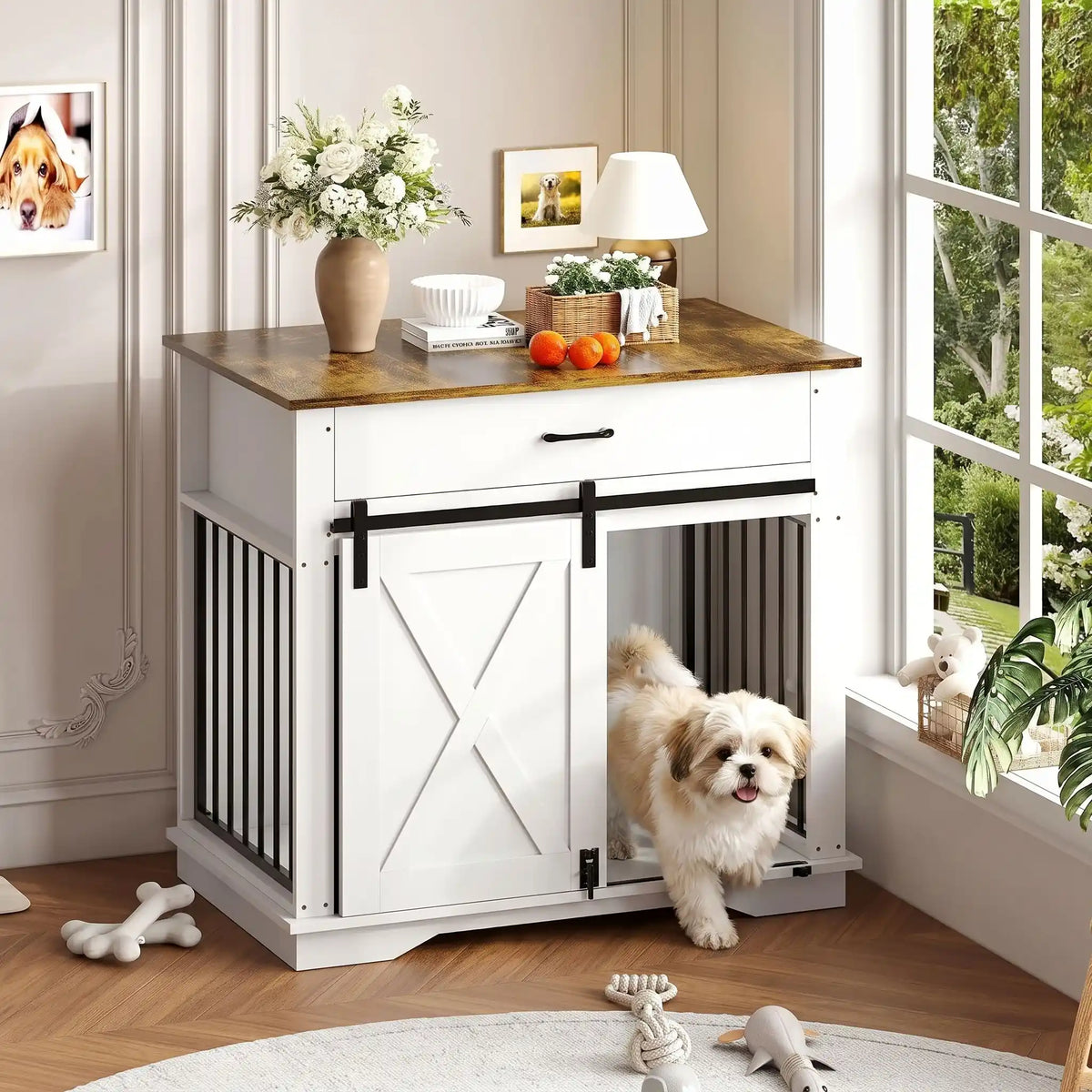 Cage-pour-chien-chiot-maison-meuble-bois-acier noir robuste, avec sa porte avant coulissante design grange avec serrure en acier, meuble  en bois naturel sur le plateau et en bois blanc robuste et décoratif adaptée au chiot et chien de petite à moyenne taille, meuble niche décoratif d'appoint- un chien de petite taille qui sort de son meuble cage pour chien et chiot en bois avec sa porte design coulissante ouverte et acier noir inoxydable en meuble d'appoint dans la chambre de l'appartement